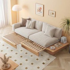 a living room with a couch, coffee table and potted plant on the floor