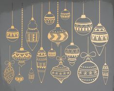 an assortment of christmas ornaments hanging from strings on a gray background with yellow and white colors