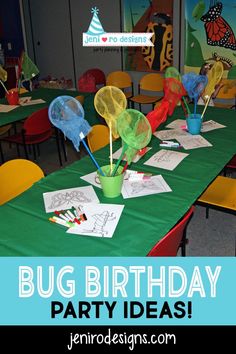 the table is set up with paper fans and colored pencils on it for children to draw