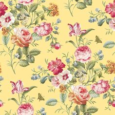 a yellow floral wallpaper with pink and white flowers