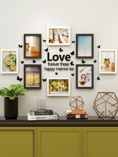 there is a wall with many pictures on it and the words love are above them