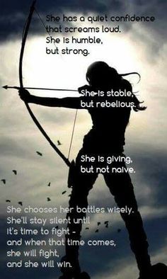 the silhouette of a woman with an arrow in her hand and text that reads, she has