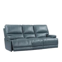 the reclining sofa is shown in blue leather