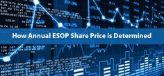 the words how annual esop share price is determined on a blue background with graphs