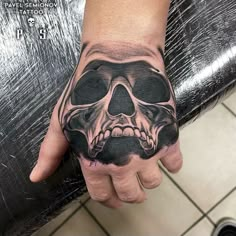 a man's hand with a skull tattoo on it