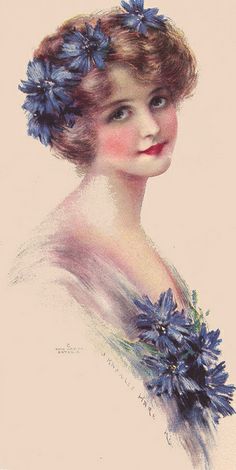 a drawing of a woman with blue flowers in her hair, wearing a white dress