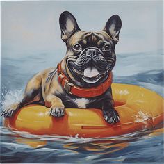 a painting of a dog sitting on an inflatable raft with his tongue out