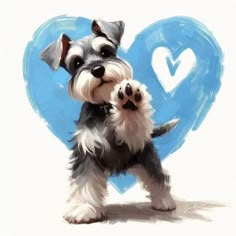 a painting of a small dog with its paw up in front of a blue heart