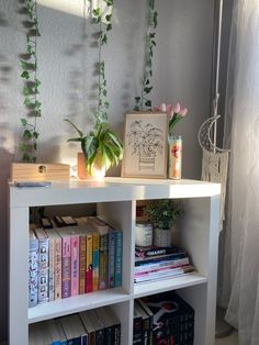 a white book shelf with books and plants on it in front of a wall mounted planter