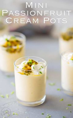 mini passionfruit cream pots with whipped cream and pistachio sauce on top