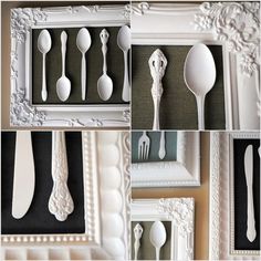 a collage of spoons and utensils in white frames with the words spray painted on them