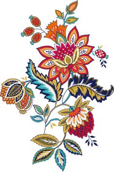 an embroidered flower with leaves and flowers on the side, in red, orange, yellow and blue colors