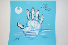 a blue poster with penguins on it and the moon in the sky above them is an ice floer