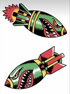 two colorful fish shaped objects with sharp teeth