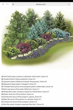 an image of a garden with trees and flowers on it's side, labeled in the following words