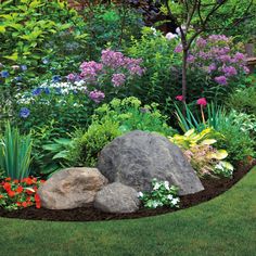 a garden with rocks and flowers in it