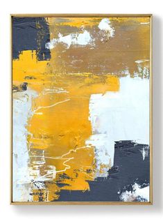 an abstract painting with yellow, blue and white colors on the bottom half of it