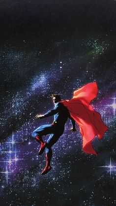 superman flying through the air with his cape open in front of stars and galaxy background