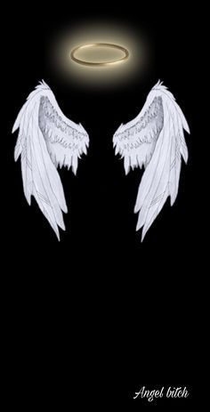 two white angel wings with an halo in the dark sky above them, against a black background