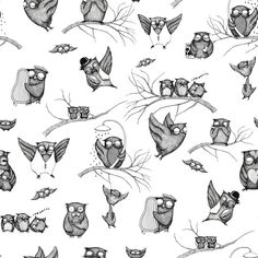 black and white drawing of owls sitting on branches