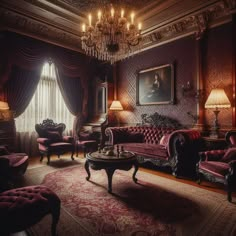 an ornate living room with red velvet furniture and chandelier hanging from the ceiling