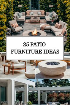 Outdoor lounge area with beige furniture and a fire pit, cozy seating area with wooden accents, and modern patio design. Text overlay: "25 Patio Furniture Ideas". Easy Outdoor Patio Ideas, Unique Patio Ideas, Patio Ideas For Small Spaces, Tiny Apartment Balcony, Deck Furniture Arrangement, Cozy Outdoor Patio, Cozy Backyard Ideas, Outdoor Spaces Diy, Small Outdoor Patio Ideas