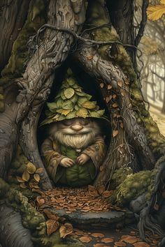 Description: This enchanting art print features a serene gnome resting peacefully within the hollow of an ancient tree, adorned with leaves and surrounded by forest foliage. Ideal for decoupage and crafting, this piece adds a touch of whimsical tranquility and natural charm to any creative project or space. Characteristics: gnome, tree hollow, leaves, serene, forest, foliage, whimsical, tranquil, natural, enchanting Uses:  Our decorative art papers are produced with quality ink and materials to ensure ease of application, vivid images, and a professional-looking finish that will take your projects to the next level. We carry a variety of paper types and sizes allowing for versatile application across a range of surfaces and project scales. These prints can be used for updating and rejuvena Gnomes And Trees, Gnomes With Tree, Gnomes Made With Leaves, Pine Grove Gnomes, Goblincore Art, Tree Hollow, Gnome Tree, Forest Gnome, Forest Foliage