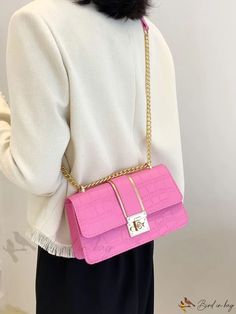 Bird in Bag - Embroidered Chain Flap Square Bag Pink Rectangular Chain Bag, Pink Rectangular Bag With Chain, Rectangular Pink Bag With Chain, Pink Rectangular Bag With Chain Detail, Elegant Rectangular Bag With Chain Print, Elegant Gold Bag With Chain Print, Rectangular Bag With Gold Chain, Pink Flap Shoulder Bag With Chain Strap, Pink Shoulder Flap Bag With Chain Strap