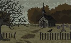 an old church in the middle of a graveyard with a crow sitting on it's grave