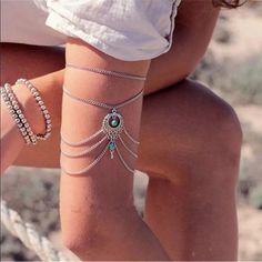 Beautiful New Boho Faux Turquoise Multi Chain Anklet / Arm Jewelry. Unique. Wear On Ankle Or Arm. Silver Arm Cuff, Upper Arm Cuffs, Arm Bracelets Upper, Arm Jewelry, Arm Bracelets, Beach Anklets, Mode Boho, Turquoise Boho, Layered Chains