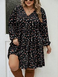 Fall Women Dresses Plus Size Ditsy Floral All-Over Print Long Sleeve V-Neck Ruffle Dress, Casual Everyday Fall Wedding Guest Dress Black Skirt Multicolor Boho  Long Sleeve Woven Fabric Plants,Ditsy Floral,All Over Print A Line Non-Stretch  Women Plus Clothing, size features are:Bust: ,Length: ,Sleeve Length: Plus Size Date Night Outfits Casual, Wedding Guest Dress Black, Ruffle Dress Casual, Plus Size Boho Dress, Fabric Plants, Hooded Sweatshirt Dress, Skirt Elegant, Plus Size Fall Outfit, Fall Wedding Guest