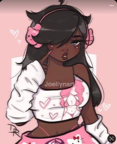 a drawing of a girl with black hair and pink bows on her head wearing a white top