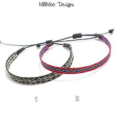 two braided bracelets with red, white and blue beads are shown on a white background