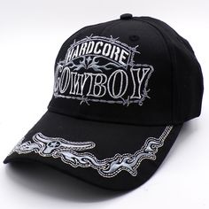 Adjustable black 'Hardcore Cowboy' baseball hat with embroidered front and decorative bill. Boyfriend Stuff, Rock Hat, Hat Aesthetic, Punk Rock Outfits, I'm Broke, Rock Outfits, Archive Fashion, It Boy, Hat Ideas