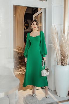 Fabric: Crepe Cotton 75%, Polyester 20%, Elastane 5% Puff sleeves Bustier bodice Midi Length Sleeve length: 70cm/ 27.5n Skirt length: 90cm/ 35.5in Emerald Skirt Length, Black Green, Puff Sleeves, Midi Length, Sky Blue, Puff Sleeve, Bodice, Cold Shoulder Dress, Length Sleeve