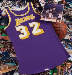 a basketball jersey with the number 32 on it is surrounded by photos of other sports related items