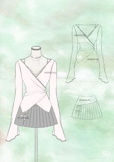 a drawing of a skirt and top on a mannequin stand with the back cut out