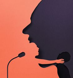 the silhouette of a woman holding a microphone in front of an orange and black background