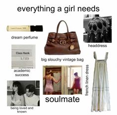 a woman's purse and other items that are labeled in the words, everything girl needs