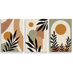 three canvases with plants and an egg on the top one is brown, green, yellow and white