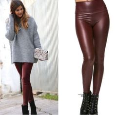 Reposhing This Item I Purchased From @Graishill. Loved It, But Just Didn’t Fit! So Wished They Did I Love The Color Tons! Questions? Leave A Comment Below! Maroon Leggings Outfit, Alabama Slammer, New Look Clothes, Rocker Tee, Leather Leggings Outfit, Chunky Oversized Sweater, Maroon Leggings, Leather Pants Outfit, Maroon Leather