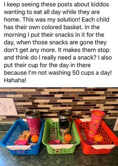 several plastic baskets filled with food sitting on top of a counter next to a tiled wall