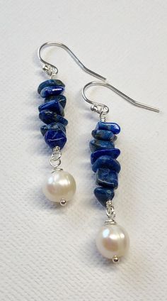 Lapis Lazuli Freshwater Pearl Sterling Silver Earrings Navy | Etsy Simple Bead Earrings, Sundance Style Jewelry, Making Jewelry For Beginners, Sundance Style, Beaded Earrings Diy, Natural Stone Earrings, Boho Cottage, Silver Jewelry Design, Jewelry Techniques