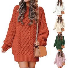 Women's Winter O-Neck Long Sleeve Solid Pullover Sweater Woman’s Fall Sweaters, Casual Acrylic Sweater Dress For Fall, Thick Long Sleeve Fall Sweater, Long Sleeve Acrylic Sweater Dress For Winter, Knitted Stretch Sweater Dress For Fall, Winter Crew Neck Sweater Dress With Stretch, Casual Long Sleeve Acrylic Sweater Dress, Stretch Acrylic Long Sleeve Sweater, Stretch Acrylic Sweater With Textured Knit