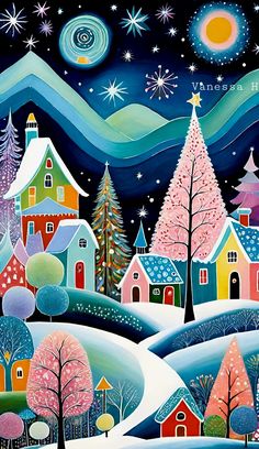 a painting of houses and trees in the snow at night with stars on the sky