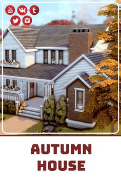 an autumn house is shown in the middle of this image with text overlaying it