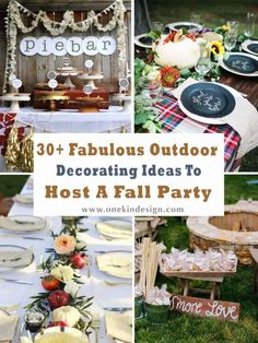 an outdoor party with lots of decorations and plates on the table for guests to eat