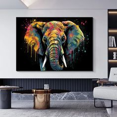 an elephant with tusks painted on it's face in the living room