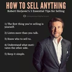 a man in a suit and tie with the words how to sell anything