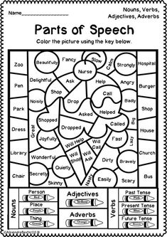 the parts of speech worksheet with pictures and words to help students understand what they are